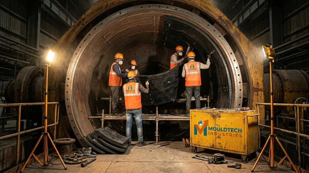 workers installing rubber products
