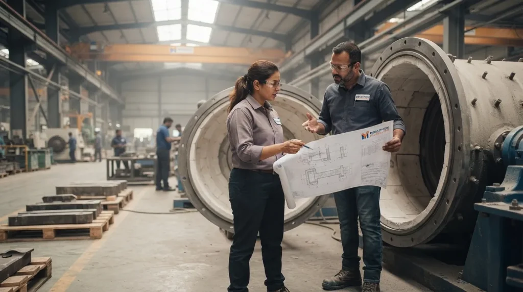 engineers inspecting ball mill rubber liner installation